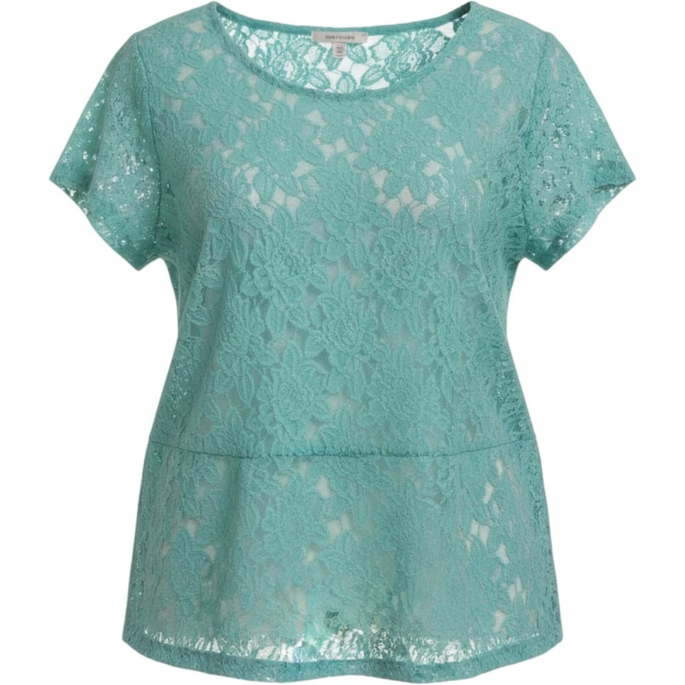 Cato Woman Plus Size 26/28W Seafoam Green Floral Lace Peplum Top Short Sleeve